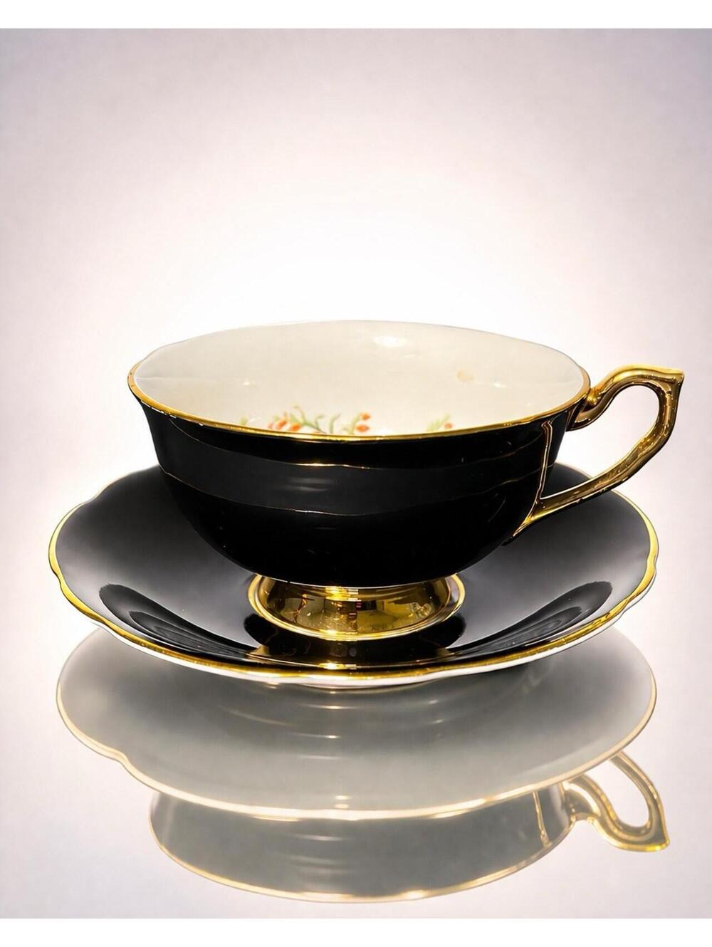 Clarence England 1966 Bone China Black Gold Floral Bouquet Tea Cup & Saucer